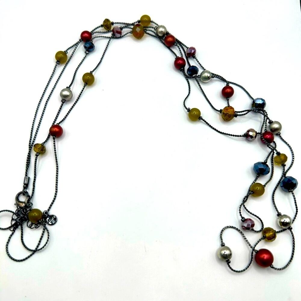 Loft Beaded Necklace Multi strand Long Black Silver Blue Round Balls Retro